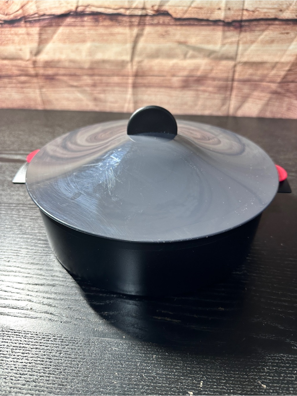 Tupperware 3 Piece Round Microwave Steamer Set~ 3066A Black/grey/red with Lid